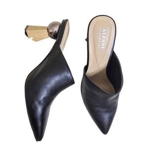 Alfani Junnee Pointed Toe Mule Heels Black Leather Metallic Ball 11M